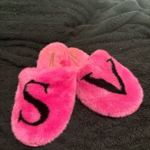 Victoria’s Secret Pink Fuzzy Slippers with Black Letters